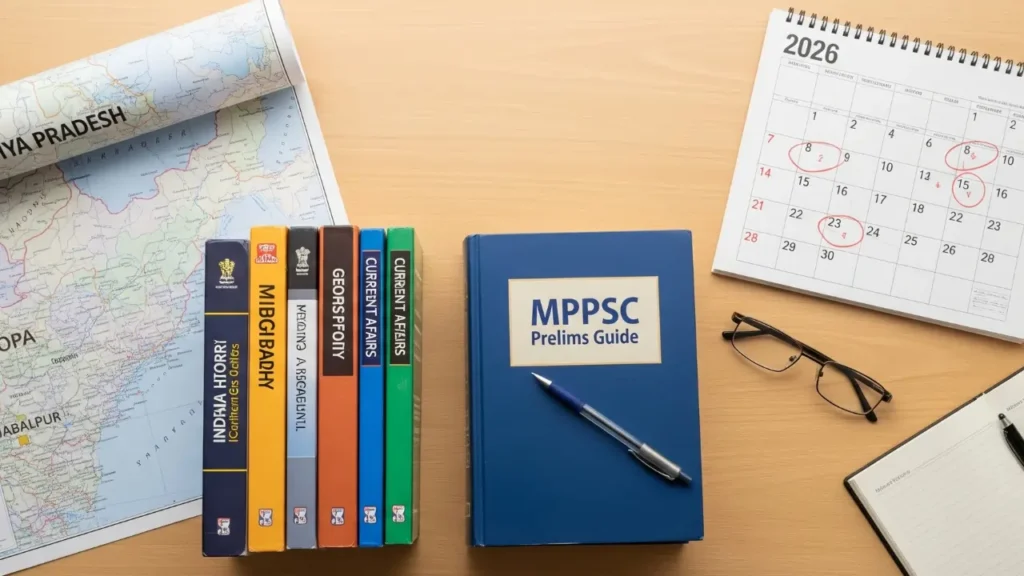 Study desk with MPPSC 2026 exam calendar, books, and map of Madhya Pradesh.